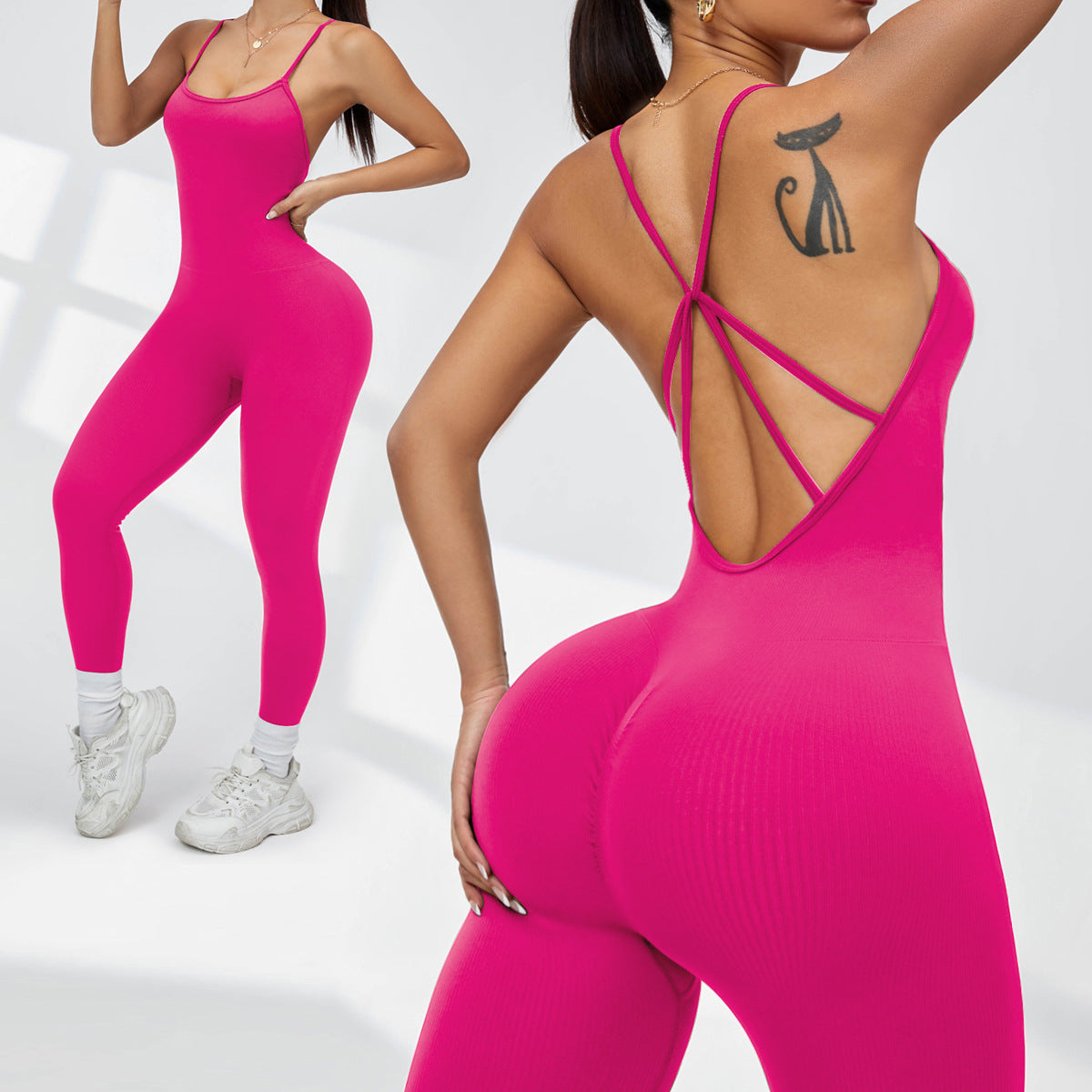 Back-revealing, Non-padded, Tight-fitting Fitness Leggings Jumpsuit