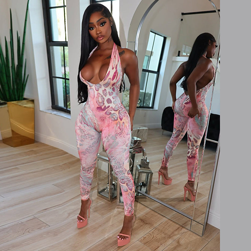 European And American-style Sexy Leopard-print Back-cutout Bodycon Jumpsuit
